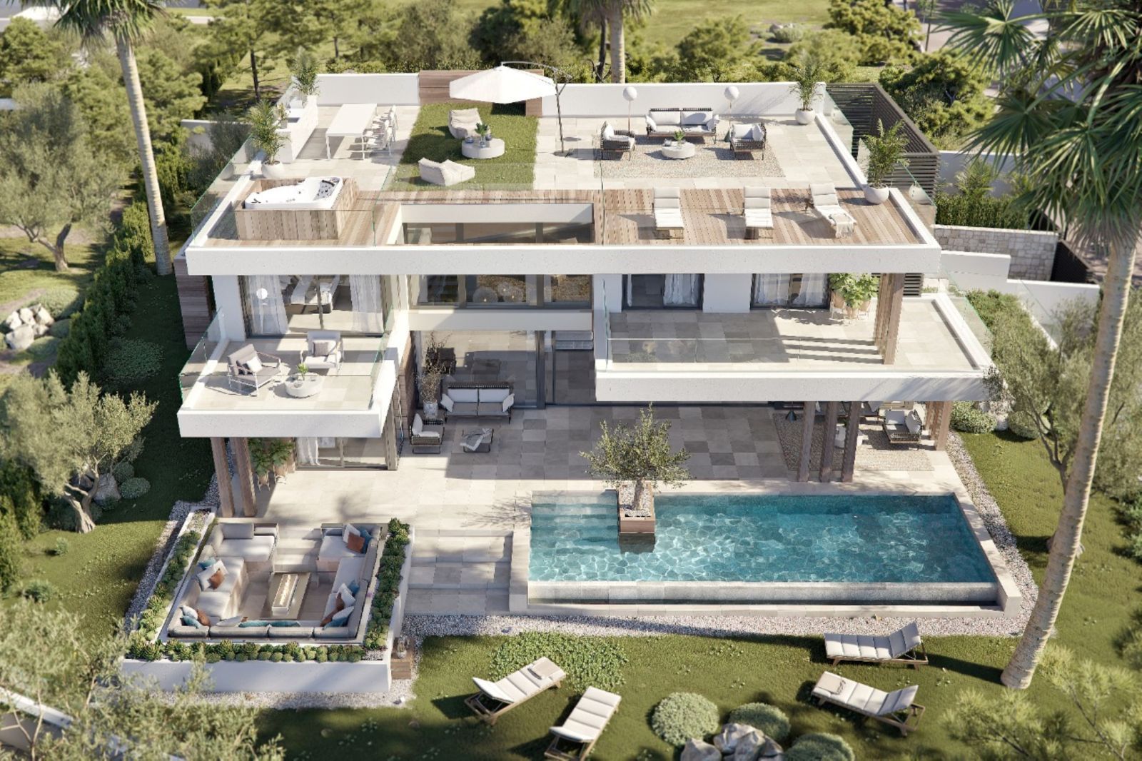Modern two-story villa with pool, outdoor lounge, and garden view.