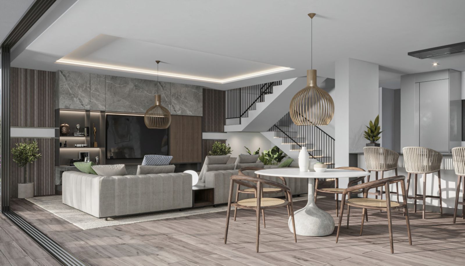 Modern living room with dining area, large windows, and contemporary decor.